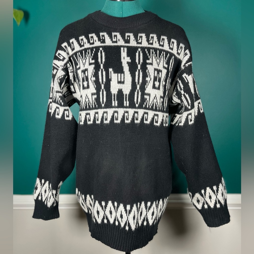 Black and White alpaca Patterned unisex Sweater